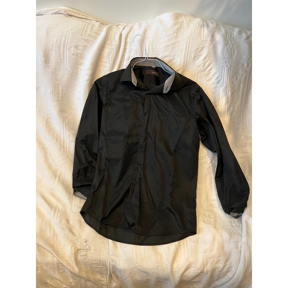Stretch Slim Black Button Down Casual Shirt Mens S